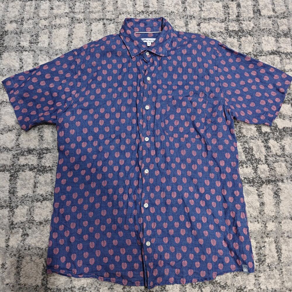 Peter Millar Mens Medium 100% Linen Short Sleeve Shirt Blue Pink Leaf Print